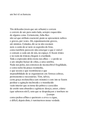 um boi vê os homens
Tão delicados (mais que um arbusto) e correm
e correm de um para outro lado, sempre esquecidos
de alguma coisa. Certamente, falta-lhes
não sei que atributo essencial, posto se apresentem nobres
e graves, por vezes. Ah, espantosamente graves,
até sinistros. Coitados, dir-se-ia não escutam
nem o canto do ar nem os segredos do feno,
como também parecem não enxergar o que é visível
e comum a cada um de nós, no espaço. E ficam tristes
e no rasto da tristeza chegam à crueldade.
Toda a expressão deles mora nos olhos — e perde-se
a um simples baixar de cílios, a uma sombra.
Nada nos pelos, nos extremos de inconcebível fragilidade,
e como neles há pouca montanha,
e que secura e que reentrâncias e que
impossibilidade de se organizarem em formas calmas,
permanentes e necessárias. Têm, talvez,
certa graça melancólica (um minuto) e com isto se fazem
perdoar a agitação incômoda e o translúcido
vazio interior que os torna tão pobres e carecidos
de emitir sons absurdos e agônicos: desejo, amor, ciúme
(que sabemos nós?), sons que se despedaçam e tombam no
[campo
como pedras aflitas e queimam a erva e a água,
e difícil, depois disto, é ruminarmos nossa verdade.
 