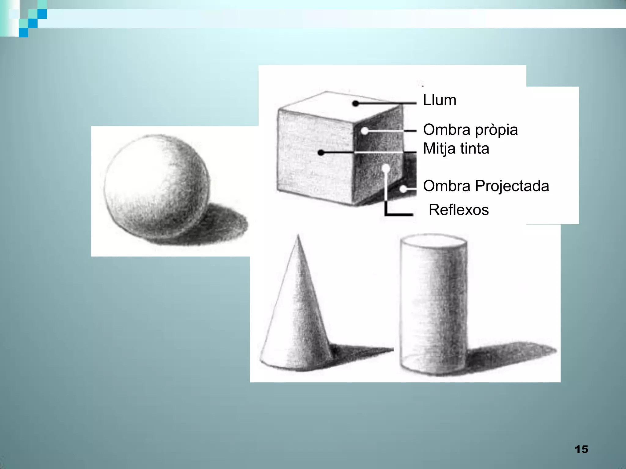 Llum
Ombra pròpia
Mitja tinta

Ombra Projectada
Reflexos




                   15
 