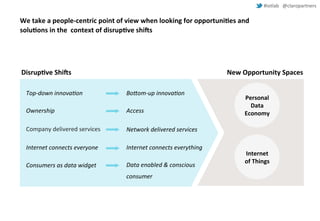 #iotlab @claropartners 
We take a people-centric point of view when looking for opportunities and 
solutions in the context of disruptive shifts 
Disruptive Shifts New Opportunity Spaces 
Personal 
Data 
Economy 
Internet 
of Things 
Top-down innovation 
Ownership 
Company delivered services 
Internet connects everyone 
Consumers as data widget 
Bottom-up innovation 
Access 
Network delivered services 
Internet connects everything 
Data enabled & conscious 
consumer 
 