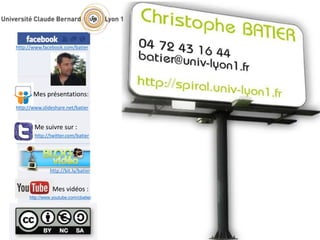 http://twitter.com/batier
Me suivre sur :
http://bit.ly/batier
http://www.facebook.com/batier
http://www.slideshare.net/batier
Mes présentations:
http://www.youtube.com/cbatier
Mes vidéos :
 