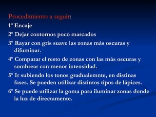 Procedimiento a seguir:
1º Encaje
2º Dejar contornos poco marcados
3º Rayar con gris suave las zonas más oscuras y
   difuminar.
4º Comparar el resto de zonas con las más oscuras y
   sombrear con menor intensidad.
5º Ir subiendo los tonos gradualemnte, en distinas
   fases. Se pueden utilizar distintos tipos de lápices.
6º Se puede utilizar la goma para iluminar zonas donde
   la luz de directamente.
 