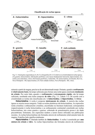 Classificação de rochas ígneas
                                                                                                              - 35 -

  A - holocristalina                      B - hipocristalina                        C - vítrea

                                                                     V
                                                                                                 V
                Q                                                     Hb
         Bi                                                                Pl
                                                                            Cpx              V

         Kf                                                                           Q
                                                                                             V
                     Pl                                       Pl

                                                                                                     V
                              massa fundamental                                                          esferulito
      1 mm                                      0.1 mm         fenocristal                1 mm




  D - granito                          E - basalto                             F - tufo soldado




                            1 cm                                    2 cm                                  5 cm


 Fig. 3.1. Ilustrações esquemáticas (A, B, C) e fotografias (D, E, F) relativas à cristalinidade de rochas ígneas:
 (A) granito, holocristalino; (B) basalto porfirítico com massa fundamental intersertal, hipocristalino; (C)
 riolito com esferulitos, vítreo; (D) Granito porfirítico, Andorinha - RJ, holocristalino; (E) basalto, Rio Caí,
 Nova Petrópolis - RS, hipocristalino; (F) Tufo soldado riolítico, Nova Petrópolis - RS, vítreo.




minerais a partir do magma, precisa-se de um determinado tempo. Portanto, quando o resfriamento
é relativamente lento, há tempo suficiente para formar uma rocha ígnea constituída totalmente
de cristais. Por outro lado, quando o resfriamento é extremamente rápido, não há tempo
suficiente, resultando uma rocha composta de vidro (Fig. 3.1; Tabela 3.1). De acordo com a
cristalinidade as rochas são classificadas em: 1) holocristalina; 2) hipocristalina; 3) vítrea:
       Holocristalina: A rocha é composta inteiramente de cristais. A maioria das rochas
ígneas se encaixa nessa categoria. Todas as rochas plutônicas são holocristalinas. As expressões
rocha cristalina e embasamento cristalino, encontradas na literatura tradicional, correspondem
respectivamente à rocha holocristalina e ao embasamento continental constituído por rochas
holocristalinas, tais como granito e gnaisse, sobretudo de granulometria grossa e de idade
precambriana. Entretanto, tais expressões tendem a serem menos utilizadas nas publicações
recentes. As rochas holocristalinas são formadas através de resfriamento relativamente lento do
magma. O prefixo holo significa totalmente.
       Hipocristalina: É chamada também de hialocristalina: A rocha é constituída por uma
mistura de cristais e vidro. As rochas hipocristalinas são formadas através de resfriamento
 