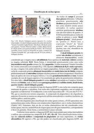Classificação de rochas ígneas
                                                                                                  - 61 -

A                   B                   C                            As rochas do campo 2 possuem
                                                                    duas gêneses diferentes: 1) Rochas
                                                                    graníticas geneticamente não
                                                                    alcalinas que possuem baixa P/A+P,
                                                                    tais como alaskito (nome pouco
                                                                    utilizado); 2) rochas quartzo
                                                                    sieníticas geneticamente alcalinas
                                                                    com alto teor relativo de quartzo. A
        2 cm                  2 cm                   2 cm           IUGS recomendou para as rochas de
                                                                    ambas as gêneses o nome “álcali
                                                                    feldspato granito”, “álcali granito”
Fig. 3.20. Álcalis feldspato granito (granito 2) e rochas           ou “granito 2”. Neste caso, a
relacionadas: (A) álcali feldspato granito de caráter não alcalino,
“Granito Vermelho Capão Bonito”, São Paulo; (B) álcali sienito
                                                                    expressão “álcali” de “álcali
com quartzo, “Granito Marrom Caldas”, Caldas, Minas Gerais;         granito” não significa gênese
(C) álcali sienito com quartzo da Ilha de Vitória - SP. O mineral   alcalina, mas sim, abundância de
vermelho escuro (cinza na fotografia em preto e branco) do          feldspato alcalino.
“Granito Vermelho Itu”, que ocupa cerca de 70 % do volume, é              O álcali feldspato granito de
feldspato alcalino.
                                                                    caráter não alcalino normalmente é
                                                                    altamente leucocrático, sendo
considerado que o magma estava sob influência físico-química de materiais voláteis contidos
no magma, sobretudo H2O. Desta forma, é interpretado geneticamente como uma rocha
intermediária entre granito comum (3a, 3b) e pegmatito. A rocha ornamental “Granito Vermelho
Itu” (nome comercial) é um exemplo (Fig. 3.20). Quando a influência de H2O é mais expressiva,
ou seja, o magma é de caráter próximo ao magma pegmatítico, forma-se aplito. O aplito é uma
rocha de composição granítica altamente leucocrática com muito baixo teor de biotita, composto
predominantemente de microclina (feldspato alcalino potássico de baixa temperatura). Ocorrência
típica de aplito é de veios de largura inferior a 1 m com granulometria inferior a 1 mm. Existem
exemplos de veio de largura superior a 5 m constituído por aplito de granulometria milimétrico.
Por outro lado, o álcali feldspato granito de caráter alcalino é encontrado no Complexo Alcalino
Intrusivo de Itatiaia, onde se observa uma passagem gradativa de nefelina sienito, álcali sienito,
quartzo sienito e álcali feldspato granito.
         O Silexito que se encontra no topo do diagrama QAPF é uma rocha rara composta quase
totalmente de quartzo e calcedônia. Esta rocha não é tipicamente magmática, mas no estágio de
pegmatito ou hidrotermal. O trondhjemito é uma rocha leucocrática (M < 10) com alta P/A+P (>
90), que se encontra nos terrenos arqueanos. A composição do plagioclásio é de oligoclásio a
andesina. O essexito se encaixa na categoria de nefelina monzodiorito e o teralito e teschenito, de
nefelina gabro e analcima gabro.
       Além dos diagramas para classificação de rochas ígneas comuns, a IUGS apresentou uma
nomenclatura para rochas félsicas com ortopiroxênio (hiperstênio), isto é, rochas charnockíticas
(Tabela 3.4C). Entretanto, hoje em dia, as rochas charnockíticas não são consideradas como
rochas ígneas, mas sim, metamórficas de origem ígnea com alto grau metamórfico, correspondentes
à fácies de granulito. Desta forma, a nomenclatura é pouco utilizada.
         Conforme o texto anterior, o diagrama QAPF não é muito próprio para rochas intermediárias
e máficas, que se projetam nos campos 9*, 9, 9’, 10*, 10 e 10’. Para classificação destas rochas,
tipo dos minerais máficos e composição de plagioclásio são mais importantes. As rochas
ultramáficas (M superior a 90), que não podem ser classificadas pelo diagrama QAPF, são
 