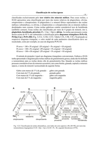 Classificação de rochas ígneas
                                                                                                                                                                    - 63 -

classificadas exclusivamente pelo teor relativo dos minerais máficos. Para essas rochas, a
IUGS apresentou uma classificação por meio dos teores relativos de plagioclásio, olivina,
ortopiroxênio e clinopiroxênio. O plagioclásio é o mineral félsico representativo das rochas
máficas e ultramáficas, e a olivina, o ortopiroxênio e o clinopiroxênio são os minerais máficos
desidratados mais comuns. Certas rochas gabróicas contêm considerável teor de hornblenda
(anfibólio comum). Essas rochas são classificadas por meio de 4 grupos de mineral, isto é,
plagioclásio, hornblenda, piroxênio (Px = Cpx + Opx) e olivina. As rochas que possuem a soma
desses acima de 95 % são submetidas à classificação pelos diagramas triangulares Pl-Px-Ol,
Pl-Opx-Cpx e Pl-Px-Hlb (Fig. 3.21A, 3.21B, 3.21C; Tabela 3.5A, 3.5B, 3.5C). Na projeção ao
respectivo diagrama triangular, o valor modal de cada parâmetro classificatório deve ser
recalculado, como por exemplo, no caso do diagrama Pl-Px-Ol:

          Pl novo = 100 × Pl original / (Pl original + Px original + Ol original)
          Px novo = 100 × Px original / (Pl original + Px original + Ol original)
          Ol novo = 100 × Ol original / (Pl original + Px original + Ol original)

      O método de projeção é igual aos diagramas triangulares convencionais. Embora a IUGS
tenha apresentado o diagrama para rochas máficas de granulometria grossa, ainda não foi definida
a nomenclatura para as rochas destes clãs de granulometria fina. Quando as rochas máficas
possuem considerável teor de minerais acessórios, tais como biotita, granada, espinele e minerais
opacos, o nome do mineral é acrescentado da seguinte forma:

          Gabro com menos de 5 % de granada -                                                    gabro com granada
          Com mais de 5 % de granada -                                                           granada gabro
          Com menos de 5 % de magnetita -                                                        gabro com magnetita
          Com mais de 5 % de magnetita -                                                         magnetita gabro




 A                                                                                                      B
                   dunito                                                                                                 dunito
                                       90                                                                                                     90
                                                                                                                                      o
                                                                                                                                  otit




                                   5                                                                                                      5
                                                                                                                                                   ho
                                                                                    peridotito

                                                                                                                        peridotito
                                            we
                         ito




                                                                                                                               rid




                                                                                                                                                     rnb
                      erg




                                              hrl




                                                                                                                             pe




                                                                                                                                                        l en liv ina
                 ha to




                                                 i to
                   rzb




                                                                                                                          io
                    i




                                                                                                                                     piroxênio
                                                                                                                                                            da
                  en




                                                                                                                 pir ni to
                                                                                                                       ên
                                                        oli




                                                                                                                                                             o
                ox




                                                                                                                                    hornblenda
                                                                                                                                                               pe ornb
                                                                                                                     ox
                                                           v in




                                                                                                                     e




                               lherzolito
            pir




                                                                                                                   ox




                                                                                                                                                                  ri d




                                                                                                                                     peridotito
                                                               ac
         rto




                                                                                                               pir




              40                                            40                                                                                           40
                                                                                                                                                                      oti lend
                                                                                                                                                                       h
                                                                                                 hornblendito




                                                                                                                      40
                                                                 lino
       ao




                                                                                    piroxenito




                                                                                                                                                                         to
                                                                                                           ina
                                                                                                 piroxenito,




                                                                                                                              olivina     olivina
                                                                     pi r
    vin




                                                                                                      oliv
                                                                         ox




                        olivina websterito                                                                                 hornblenda piroxênio
oli




                                                                            en




                                                                                                                                                                              ito




     10
            5                                                   5
                                                                      10                                      10
                                                                                                                      5
                                                                                                                            piroxenito hornblendito          5
                                                                                                                                                                     10
                                                                              ito




 Opx       10                                                   10      Cpx                              Opx 10                            10 Hlb
                               websterito                                                                          hornblenda piroxênio
                                                                                                        +Cpx                                   +Bi
  ortopiroxenito                                   clinopiroxenito                                                 piroxenito hornblendito
                                                                                                        piroxenito                     hornblendito


   Fig. 3.22. Classificação de rochas ultramáficas, com índice de com superior a 90, (M>90), por meio das
   nomenclaturas trigangulares F) Ol - Opx - Cpx e G) Ol - Px - Bi, segundo Streckeisen (1976).
 