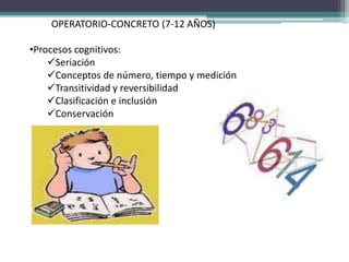 OPERATORIO-CONCRETO (7-12 AÑOS)
•Procesos cognitivos:
Seriación
Conceptos de número, tiempo y medición
Transitividad y reversibilidad
Clasificación e inclusión
Conservación
 
