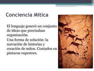 Conciencia Mítica
El lenguaje generó un conjunto
de ideas que precisaban
organización.
Una forma de solución: la
narración de historias y
creación de mitos. Contados en
pinturas rupestres.
 
