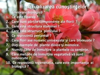 Actualizarea cunoştinţelor
“ Înviorare biologică ”
1. Ce este floarea ?
2. Care sunt părţile componente ale florii ?
3. Care este structura staminei ?
4. Care este structura pistilului ?
5. Ce reprezintă periantul ?
6. Care flori ase numesc unisexuate şi care bisexuate ?
7. Daţi exemple de plante dioice şi monoice.
8. Numiţi căile de înmulţire la plantele cu seminţe.
9. Care metode de înmulţire vegetativă vă sunt
cunoscute ?
10. Ce reprezintă regeneraţia, care este importanţa ei
biologică ?
 