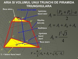 ARIA SI VOLUMUL UNUI TRUNCHI DE PIRAMIDA
TRIUNGHIULARA
A B
C
A` B`
C`
O
O`
D
D`
Baza mare
Baza mica
L = latura bazei mari
l = latura bazei mici
Apotema
bazei mici
Apotema
bazei
mari
Muchia
laterala
Inaltimea
( )
2
aPP
A bB
l
⋅+
=
bBlt AAAA ++=
( )bBbB AAAA
h
V ⋅++=
3
4
32
l
Ab =
.
 