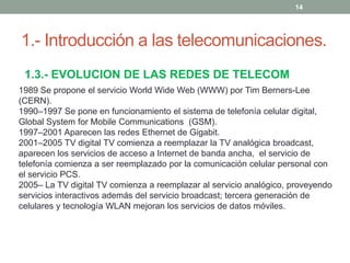14




1.- Introducción a las telecomunicaciones.
 1.3.- EVOLUCION DE LAS REDES DE TELECOM
1989 Se propone el servicio World Wide Web (WWW) por Tim Berners-Lee
(CERN).
1990–1997 Se pone en funcionamiento el sistema de telefonía celular digital,
Global System for Mobile Communications (GSM).
1997–2001 Aparecen las redes Ethernet de Gigabit.
2001–2005 TV digital TV comienza a reemplazar la TV analógica broadcast,
aparecen los servicios de acceso a Internet de banda ancha, el servicio de
telefonía comienza a ser reemplazado por la comunicación celular personal con
el servicio PCS.
2005– La TV digital TV comienza a reemplazar al servicio analógico, proveyendo
servicios interactivos además del servicio broadcast; tercera generación de
celulares y tecnología WLAN mejoran los servicios de datos móviles.
 