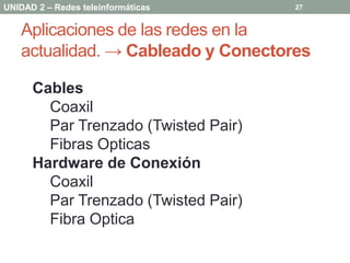 UNIDAD 2 – Redes teleinformáticas     27


   Aplicaciones de las redes en la
   actualidad. → Cableado y Conectores

      Cables
        Coaxil
        Par Trenzado (Twisted Pair)
        Fibras Opticas
      Hardware de Conexión
        Coaxil
        Par Trenzado (Twisted Pair)
        Fibra Optica
 