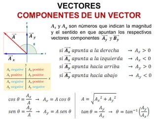 VECTORES
COMPONENTES DE UN VECTOR
      Ax y Ay son números que indican la magnitud
      y el sentido en que apuntan los respectivos
      vectores componentes
 