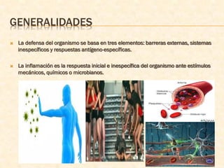 GENERALIDADES
   La defensa del organismo se basa en tres elementos: barreras externas, sistemas
    inespecíficos y respuestas antígeno-específicas.

   La inflamación es la respuesta inicial e inespecífica del organismo ante estímulos
    mecánicos, químicos o microbianos.
 