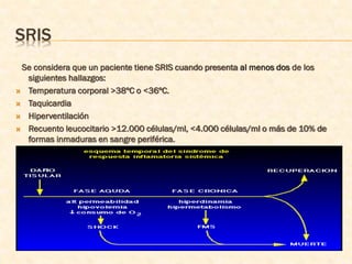 SRIS
 Se considera que un paciente tiene SRIS cuando presenta al menos dos de los
  siguientes hallazgos:
 Temperatura corporal >38ºC o <36ºC.

 Taquicardia

 Hiperventilación

 Recuento leucocitario >12.000 células/ml, <4.000 células/ml o más de 10% de
  formas inmaduras en sangre periférica.
 