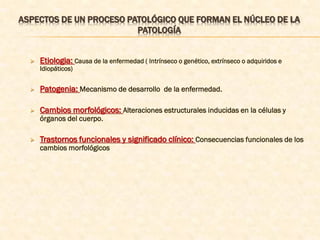 ASPECTOS DE UN PROCESO PATOLÓGICO QUE FORMAN EL NÚCLEO DE LA
                         PATOLOGÍA


     Etiologia: Causa de la enfermedad ( Intrínseco o genético, extrínseco o adquiridos e
      Idiopáticos)


     Patogenia: Mecanismo de desarrollo de la enfermedad.

     Cambios morfológicos: Alteraciones estructurales inducidas en la células y
      órganos del cuerpo.

     Trastornos funcionales y significado clínico: Consecuencias funcionales de los
      cambios morfológicos
 