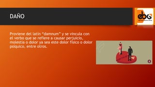 DAÑO
Proviene del latín “damnum” y se vincula con
el verbo que se refiere a causar perjuicio,
molestia o dolor ya sea este dolor físico o dolor
psíquico, entre otros.
 