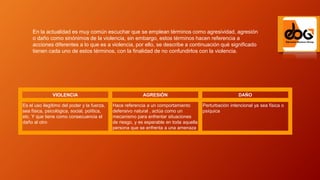 VIOLENCIA AGRESIÓN DAÑO
Es el uso ilegítimo del poder y la fuerza,
sea física, psicológica, social, política,
etc. Y que tiene como consecuencia el
daño al otro
Hace referencia a un comportamiento
defensivo natural , actúa como un
mecanismo para enfrentar situaciones
de riesgo, y es esperable en toda aquella
persona que se enfrenta a una amenaza
Perturbación intencional ya sea física o
psíquica
En la actualidad es muy común escuchar que se emplean términos como agresividad, agresión
o daño como sinónimos de la violencia, sin embargo, estos términos hacen referencia a
acciones diferentes a lo que es a violencia, por ello, se describe a continuación qué significado
tienen cada uno de estos términos, con la finalidad de no confundirlos con la violencia.
 