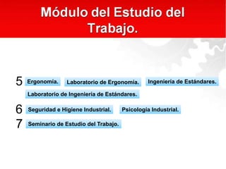 Ergonomía. Laboratorio de Ergonomía. Ingeniería de Estándares.
Laboratorio de Ingeniería de Estándares.
5
6
7
Seguridad e Higiene Industrial. Psicología Industrial.
Seminario de Estudio del Trabajo.
 