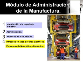 Módulo de Administración
de la Manufactura.
Introducción a la Ingeniería
Industrial.
Administración.
Procesos de manufactura.
Introducción a los circuitos Eléctricos
Elementos de Neumática e hidráulica.
1
2
3
4
 