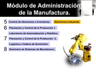 Módulo de Administración
de la Manufactura.
Control de Almacenes e Inventarios. Electrónica Industrial.
5
6 Planeación y Control de la Producción 1.
Laboratorio de Automatización y Robótica.
Logística y Cadena de Suministro.
7 Planeación y Control de la Producción 2.
8 Seminario de Sistemas de Manufactura.
 