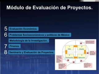 Evaluación Económica.
Problemas Socioeconómicos y políticos de México
Finanza.
Seminario y Evaluación de Proyectos.
5
6
7
8
Módulo de Evaluación de Proyectos.
Metodología de la Investigación.
 