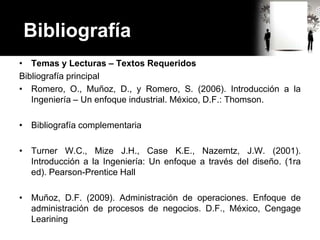 Bibliografía
• Temas y Lecturas – Textos Requeridos
Bibliografía principal
• Romero, O., Muñoz, D., y Romero, S. (2006). Introducción a la
Ingeniería – Un enfoque industrial. México, D.F.: Thomson.
• Bibliografía complementaria
• Turner W.C., Mize J.H., Case K.E., Nazemtz, J.W. (2001).
Introducción a la Ingeniería: Un enfoque a través del diseño. (1ra
ed). Pearson-Prentice Hall
• Muñoz, D.F. (2009). Administración de operaciones. Enfoque de
administración de procesos de negocios. D.F., México, Cengage
Learining
 