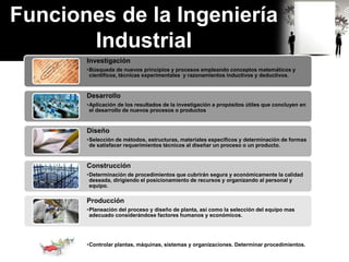 Funciones de la Ingeniería
Industrial
Investigación
•Búsqueda de nuevos principios y procesos empleando conceptos matemáticos y
científicos, técnicas experimentales y razonamientos inductivos y deductivos.
Desarrollo
•Aplicación de los resultados de la investigación a propósitos útiles que concluyen en
el desarrollo de nuevos procesos o productos
Diseño
•Selección de métodos, estructuras, materiales específicos y determinación de formas
de satisfacer requerimientos técnicos al diseñar un proceso o un producto.
Construcción
•Determinación de procedimientos que cubrirán segura y económicamente la calidad
deseada, dirigiendo el posicionamiento de recursos y organizando al personal y
equipo.
Producción
•Planeación del proceso y diseño de planta, así como la selección del equipo mas
adecuado considerándose factores humanos y económicos.
Operación
•Controlar plantas, máquinas, sistemas y organizaciones. Determinar procedimientos.
 