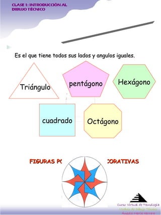 Es el que tiene todos sus lados y angulos iguales.  FIGURAS POLIGONALES DECORATIVAS POLIGONOS  REGULARES Triángulo pentágono Hexágono Octágono cuadrado 