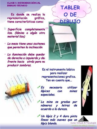 Es donde se realiza la representación gráfica, tiene características como: Superficie completamente lisa. (lámina o algún otro material liso) La mesa tiene unos sostenes que permiten la inclinación  La iluminación debe quedar de derecha a izquierda y del frente hacia  atrás para no producir sombras.  Es el instrumento básico para realizar representaciones grafica. Ten en cuenta que... Es necesario utilizar lápices con minas especiales. La mina se gradua por números y letras de acuerdo a la dureza.  Un lápiz 2 y 4 duro pinta líneas más suaves que un lápiz blando.  TABLERO DE DIBUJO 