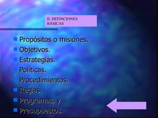 Propósitos o misiones.  Objetivos.  Estrategias.  Políticas.  Procedimientos.  Reglas.  Programas, y  Presupuestos.  II. DEFINCIONES BÁSICAS  Indice 