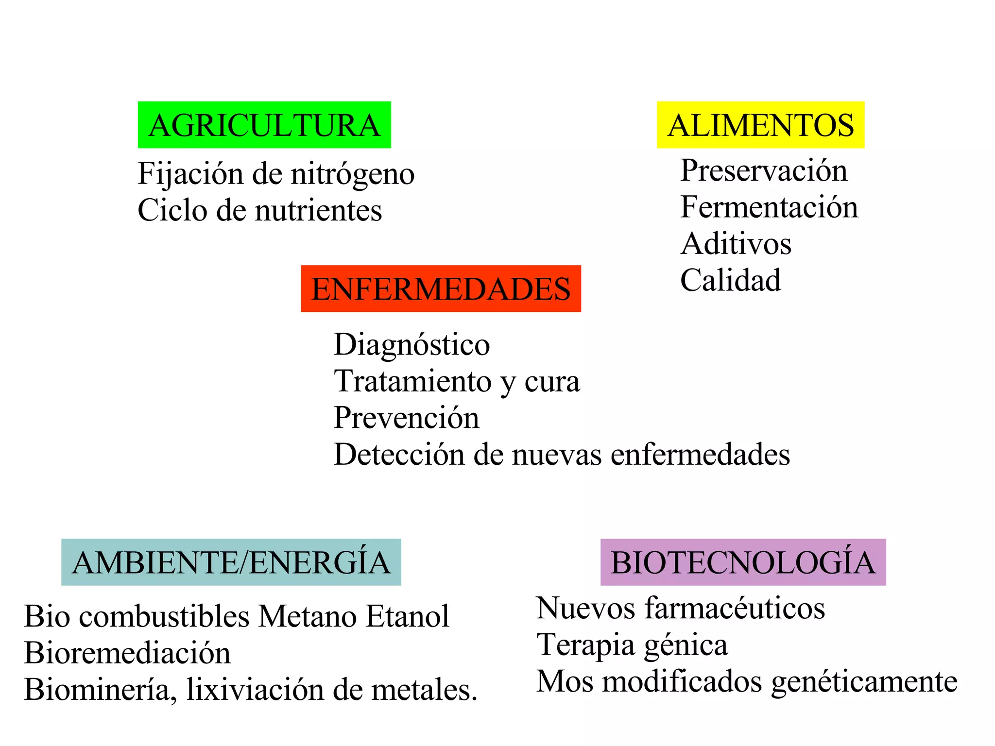 AGRICULTURA ALIMENTOS ENFERMEDADES AMBIENTE/ENERGÍA BIOTECNOLOGÍA Diagnóstico Tratamiento y cura Prevención Detección de nuevas enfermedades Fijación de nitrógeno Ciclo de nutrientes Preservación Fermentación Aditivos Calidad Bio combustibles Metano Etanol Bioremediación Biominería, lixiviación de metales. Nuevos farmacéuticos Terapia génica Mos modificados genéticamente 