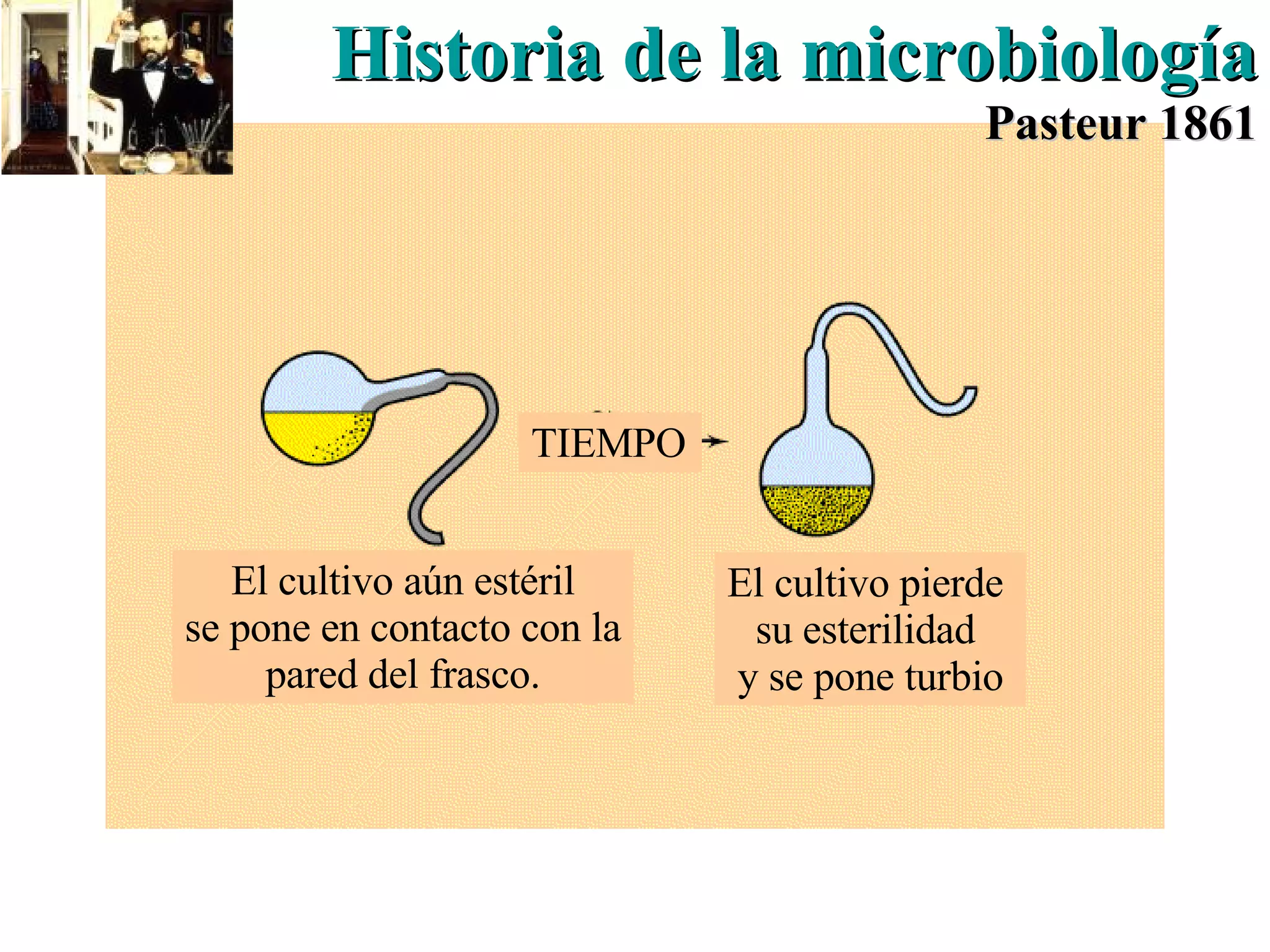 El cultivo aún estéril se pone en contacto con la pared del frasco. El cultivo pierde  su esterilidad  y se pone turbio TIEMPO Historia de la microbiología Pasteur 1861 