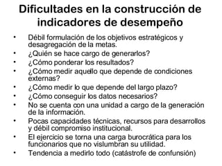 Dificultades en la construcción de indicadores de desempeño Débil formulación de los objetivos estratégicos y desagregación de la metas. ¿ Quién se hace cargo de generarlos? ¿Cómo ponderar los resultados? ¿Cómo medir aquello que depende de condiciones externas? ¿ Cómo medir lo que depende del largo plazo? ¿ Cómo conseguir los datos necesarios? No se cuenta con una unidad a cargo de la generación de la información. Pocas capacidades técnicas, recursos para desarrollos y débil compromiso institucional. El ejercicio se torna una carga burocrática para los funcionarios que no vislumbran su utilidad. Tendencia a medirlo todo (catástrofe de confunsión) 