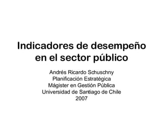 Indicadores de desempeño en el sector público Andrés Ricardo Schuschny Planificación Estratégica Mágister en Gestión Pública Universidad de Santiago de Chile 2007 