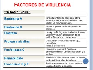 FACTORES DE VIRULENCIA
TOXINAS Y ENZIMAS

Exotoxina A         Inhibe la síntesis de proteínas, altera
                    síntesis proteica.dermatonecrosis. Daño
                    tisular. Es inmunodepresora.

Exotoxina S         Inmunosupresor. Inhibidor síntesis de
                    proteínas.

Elastasa            LasA y LasB degradan la elastina, Lesión
                    vascular y tisular . Destrucción de los
                    tejidos. Degrada el complemento.

Proteasa alcalina   Destrucción tisular, inactivación IgG,
                    neutrófilos.
                    Inactiva el interferón.

Fosfolipasa C       Hemolisina termolábil. Facilita la
                    destrucción tisular. Degrada los lípidos y la
                    lecitina.

Ramnolipido         Hemolisina termoestable, altera los tejidos.
                    inhibe actividad ciliar del pulmón.

Exoenzima S y T     Facilita la diseminación de las bacterias, la
                    invasión tisular y la necrosis.
 