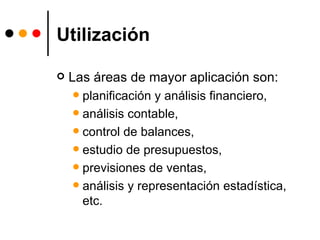 Utilización Las áreas de mayor aplicación son:  planificación y análisis financiero,  análisis contable,  control de balances,  estudio de presupuestos,  previsiones de ventas,  análisis y representación estadística, etc. 