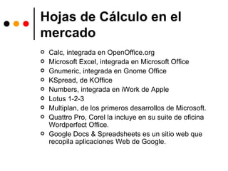 Hojas de Cálculo en el mercado Calc, integrada en OpenOffice.org Microsoft Excel, integrada en Microsoft Office Gnumeric, integrada en Gnome Office KSpread, de KOffice Numbers, integrada en iWork de Apple Lotus 1-2-3  Multiplan, de los primeros desarrollos de Microsoft. Quattro Pro, Corel la incluye en su suite de oficina Wordperfect Office.  Google Docs & Spreadsheets es un sitio web que recopila aplicaciones Web de Google. 