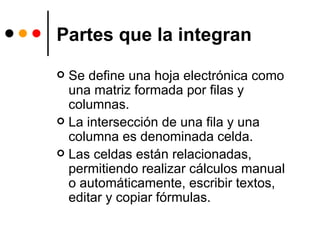 Partes que la integran Se define una hoja electrónica como una matriz formada por filas y columnas.  La intersección de una fila y una columna es denominada celda.  Las celdas están relacionadas, permitiendo realizar cálculos manual o automáticamente, escribir textos, editar y copiar fórmulas.  