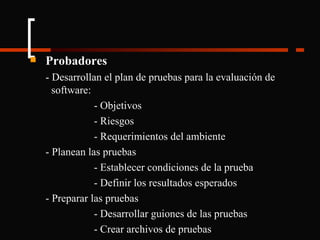 Probadores - Desarrollan el plan de pruebas para la evaluación de  software: - Objetivos - Riesgos - Requerimientos del ambiente - Planean las pruebas - Establecer condiciones de la prueba - Definir los resultados esperados - Preparar las pruebas - Desarrollar guiones de las pruebas - Crear archivos de pruebas 