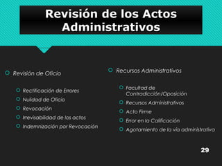 RReevviissiióónn ddee llooss AAccttooss 
AAddmmiinniissttrraattiivvooss 
 Revisión de Oficio 
 Rectificación de Errores 
 Nulidad de Oficio 
 Revocación 
 Irrevisabilidad de los actos 
 Indemnización por Revocación 
 Recursos Administrativos 
 Facultad de 
Contradicción/Oposición 
 Recursos Administrativos 
 Acto Firme 
 Error en la Calificación 
 Agotamiento de la vía administrativa 
29 
 