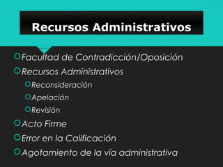 RRRReeeeccccuuuurrrrssssoooossss AAAAddddmmmmiiiinnnniiiissssttttrrrraaaattttiiiivvvvoooossss 
Facultad de Contradicción/Oposición 
Recursos Administrativos 
Reconsideración 
Apelación 
Revisión 
Acto Firme 
Error en la Calificación 
Agotamiento de la vía administrativa 
 