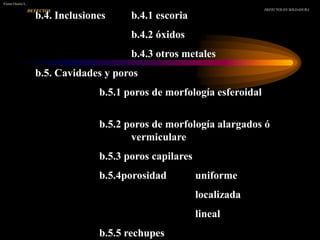 DEFECTOS EN SOLDADURA
Víctor Osorio L.
b.4. Inclusiones b.4.1 escoria
b.4.2 óxidos
b.4.3 otros metales
b.5. Cavidades y poros
b.5.1 poros de morfología esferoidal
b.5.2 poros de morfología alargados ó
vermiculare
b.5.3 poros capilares
b.5.4porosidad uniforme
localizada
lineal
b.5.5 rechupes
DEFECTOS
 