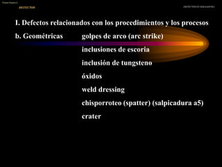 DEFECTOS EN SOLDADURA
Víctor Osorio L.
I. Defectos relacionados con los procedimientos y los procesos
b. Geométricas golpes de arco (arc strike)
inclusiones de escoria
inclusión de tungsteno
óxidos
weld dressing
chisporroteo (spatter) (salpicadura a5)
crater
DEFECTOS
 
