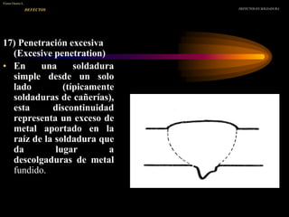 17) Penetración excesiva
(Excesive penetration)
• En una soldadura
simple desde un solo
lado (típicamente
soldaduras de cañerías),
esta discontinuidad
representa un exceso de
metal aportado en la
raíz de la soldadura que
da lugar a
descolgaduras de metal
fundido.
DEFECTOS EN SOLDADURA
Víctor Osorio L.
DEFECTOS
 