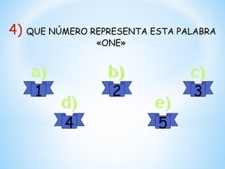 4)   QUE NÚMERO REPRESENTA ESTA PALABRA
                 «ONE»




      1             2             3

           4                5
 