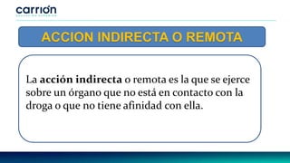 La acción indirecta o remota es la que se ejerce
sobre un órgano que no está en contacto con la
droga o que no tiene afinidad con ella.
ACCION INDIRECTA O REMOTA
 