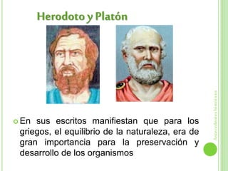  En sus escritos manifiestan que para los
griegos, el equilibrio de la naturaleza, era de
gran importancia para la preservación y
desarrollo de los organismos
Herodoto y Platón
Antecedenteshistóricos
 