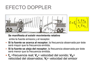 EFECTO DOPPLER
Se manifiesta al existir movimiento relativo
entre la fuente emisora y el receptor.
 Si la fuente se acerca al receptor, la frecuencia observada por éste
será mayor que la frecuencia emitida.
 Si la fuente se aleja del receptor, la frecuencia observada por éste
será menor que la frecuencia emitida.
 fo =frecuencia real; Vs= velocidad del sonido; VR=
velocidad del observados; Vf= velocidad del emisor







 

F
s
R
s
0
v
v
v
v
f
f

 