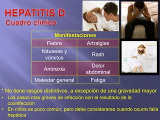 Manifestaciones
                   Fiebre         Artralgias
                 Náuseas y
                                    Rash
                  vómitos
                                      Dolor
                  Anorexia
                                    abdominal
              Malestar general        Fatiga
* No tiene rasgos distintivos, a excepción de una gravedad mayor
• Los casos mas graves de infección son el resultado de la
  cooinfección
• En niños es poco común, pero debe considerarse cuando ocurre falla
  hepática
 