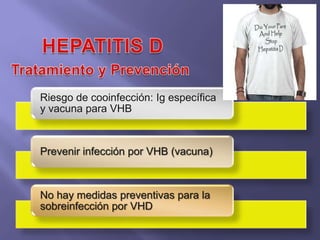 Riesgo de cooinfección: Ig específica
y vacuna para VHB



Prevenir infección por VHB (vacuna)



No hay medidas preventivas para la
sobreinfección por VHD
 