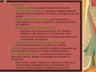 Planes de incentivos
Individuales:
Trabajo a destajo: se paga la unidad de producción
Horas de trabajo normales: basado en medidas estándar
de rendimiento (mediciones de tiempo). Se paga tiempo por
unidad
Planes de incentivos de ventas: para vendedores y
responsables de ventas, basados en comisiones y bonos
por objetivos
Planes de incentivos para la gerencia
– Opciones de compra de acciones: sin vincular a
objetivos, auto-motivadora si la cotización sube
– Acciones por rendimiento: se otorga participación por
cumplimiento de objetivos
Sistemas de recompensa de sugerencias: que
proporcionen beneficios o ahorros a la empresa
En grupo: tienen sentido cuando los resultados dependen del
funcionamiento del grupo en tareas interdependientes
Para toda la organización: vinculados al beneficio que la
compañía obtiene. Alinear los intereses de empleados y
accionistas.
Plan Scalon: repartir mejoras en ahorros de costes (p.ej.
Ventas/costes salariales) entre los empleados y la
empresa. Para conseguir la colaboración gerencia-
empleados-
L
 